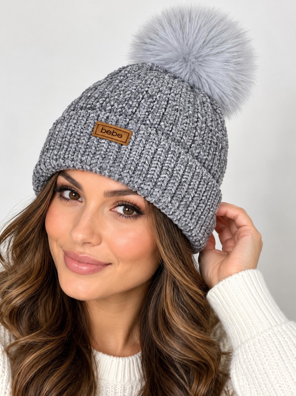 Bebe Women's Gray Chenille Knit Beanie Hat Faux Fur Pom Pom Cuffed One Size